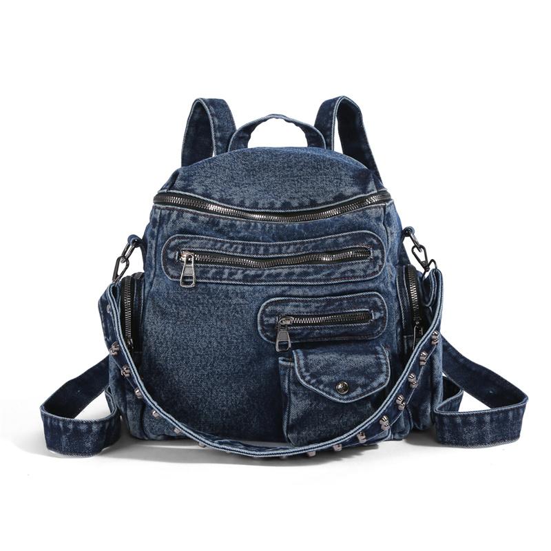 Vintage Denim Backpack Rivet Shoulder Bag Student Schoolbag Class Commuter Backpack