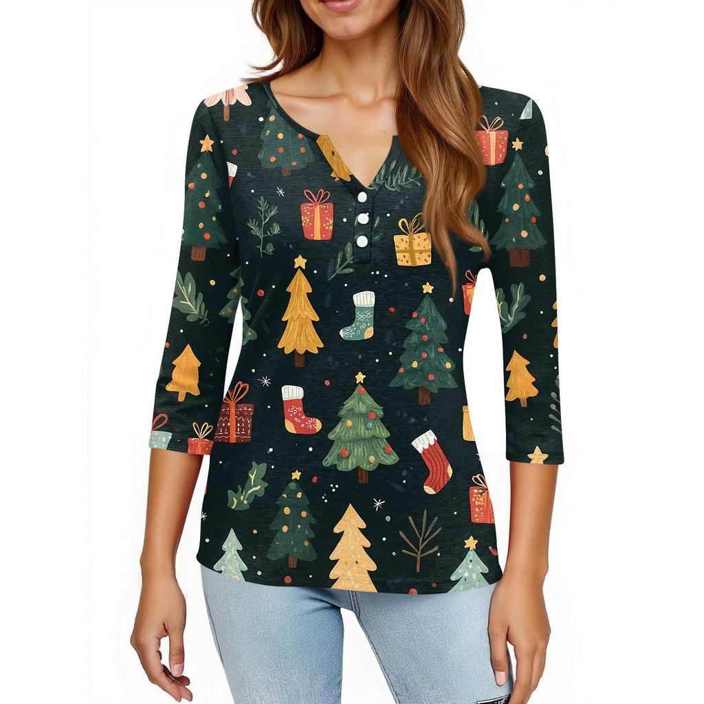 Camiseta de mujer con estampado navideño, botones, manga 3/4, para uso diario, fin de semana, básica, cuello en V, camiseta regular