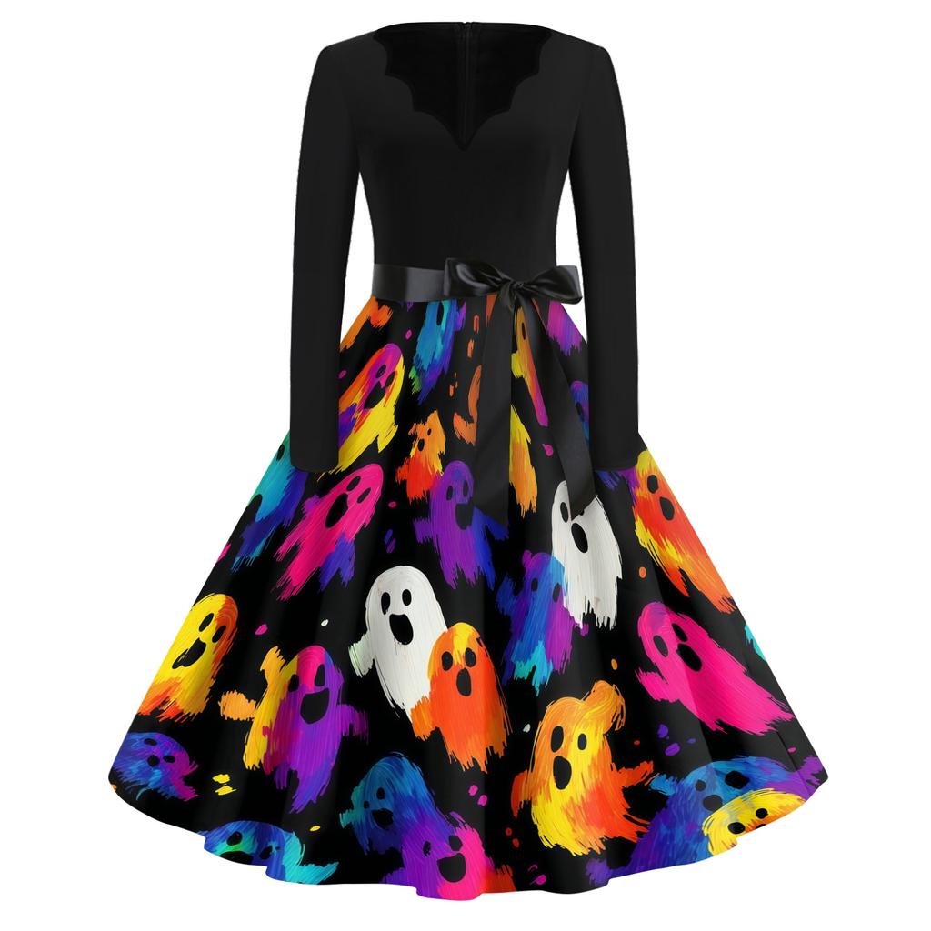 Women's Vintage V Neck Dress Halloween Print Long Sleeve Casual Retro Style Dress with Flared Skirt and Waist Tie for Seasonal Wear