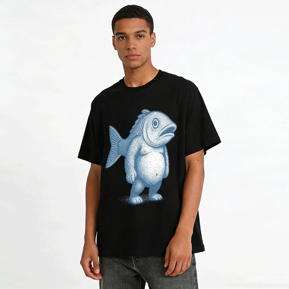 Weird Fish Head Human Body Graphic Casual Short Sleeve T-Shirt Pure cotton T-shirt