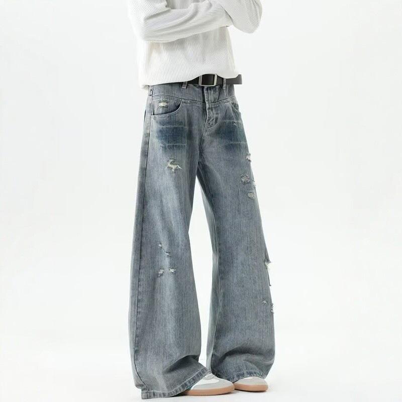 New retro blue wide-footed jeans for men and women, ripped bug bites, ripped holes, straight-up pocket pants
