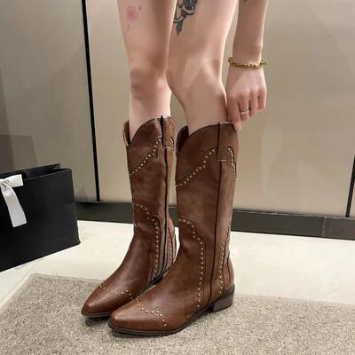 Kowbojki damskie na niskim obcasie z nitami w stylu retro, wysokie do kolan, z PU, gotyckie, nowe damskie buty, vintage, brązowe Botas