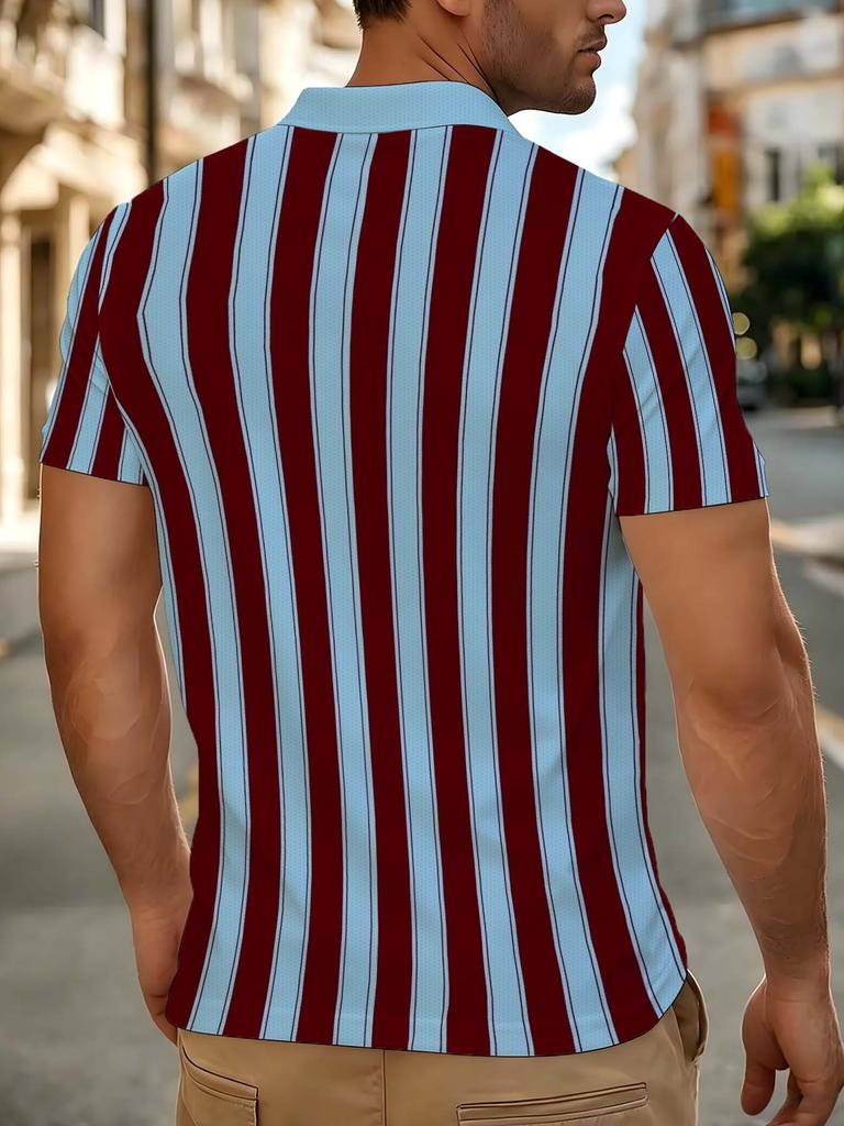 Men's Outdoor Polo Shirt, Available in Multiple Sizes, Featuring a Contrasting Vertical Stripe Design in Burgundy and Light Blue, with a