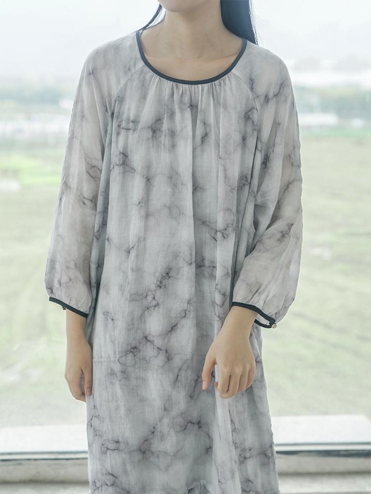 Johnature Women Tie Dye Vintage Dresses Long Sleeve Robes Autumn Ramie Loose Linen Female Mermaid Dress