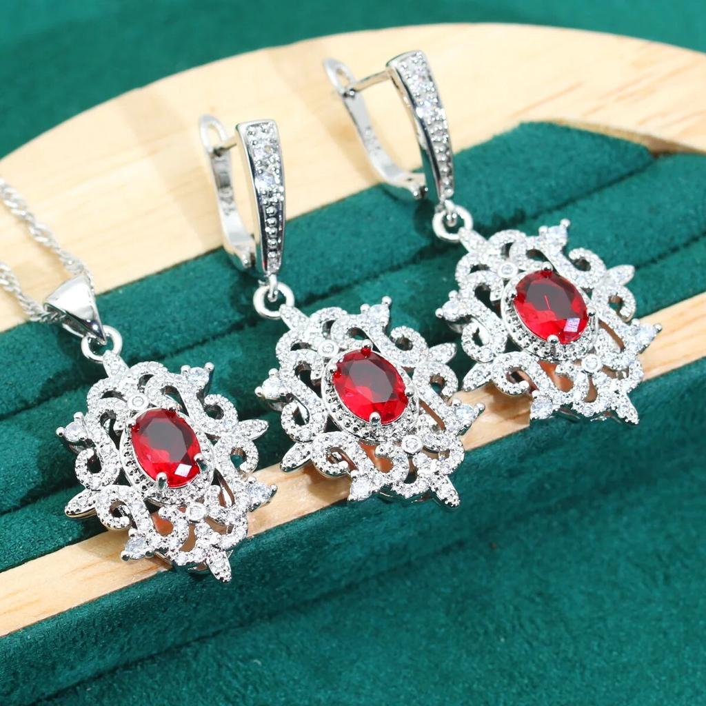 Personalisierte 925 Silber Schmuck Sets für Frauen Hochzeit Rot Zirkon Armband Ohrringe Halskette Anhänger Ring Urlaub Geschenke