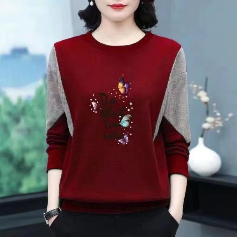 Autumn Winter Women's Cotton Patchwork Round Neck Plus Size Long Sleeve Printed Sweatshirt for Middle-Aged Moms