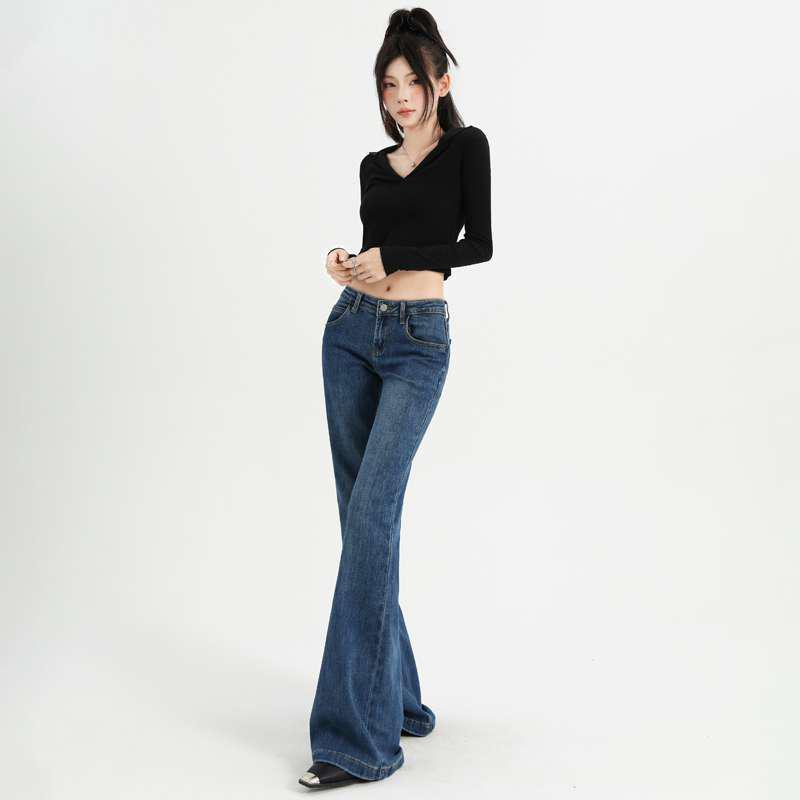 Retro Blue Spicy Girl Low-Rise Micro Flare Jeans: Women's American Style Stretchy Slimming Floor-Length Pants