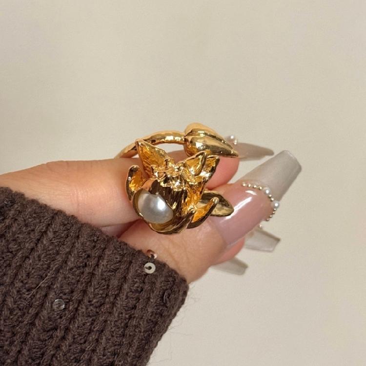 Stackable Pyrotechnics Effect Ring Featuring Imitation Pearls Adjustable Opening Vintage Look Finger Rings For Fashion