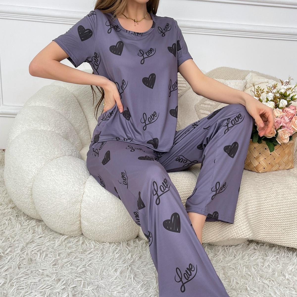 

Новый летний женский пижамный комплект с принтом в виде сердца, пижама с круглым вырезом, модная одежда для сна с короткими рукавами и длинными брюками, женская повседневная пижама M