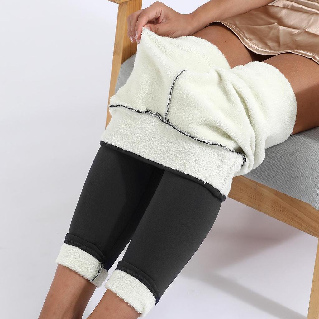 Women's High-Waisted Plus Velvet Lamb Fleece Leggings - Thickened, Plain, Warm, Autumn/Winter