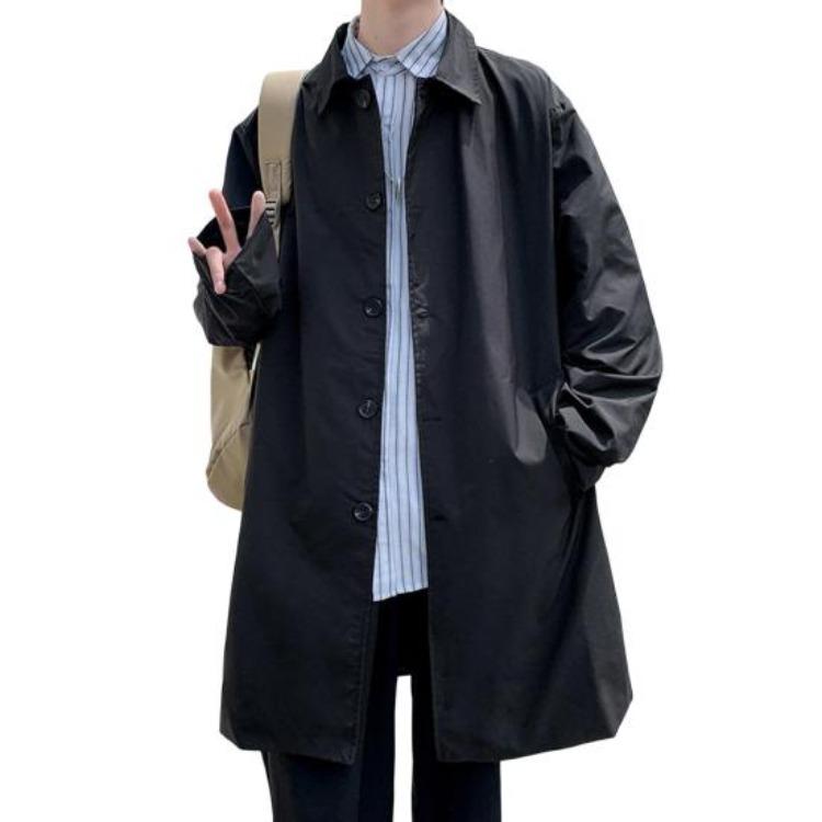 Men Double Breasted Windbreaker Coat Long Sleeve Lapel Solid Color Loose Fit Casual Mid Length Trench Coat with Pockets