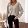 Women's V-Neck Solid Sweater with Bow - Autumn Long Sleeve Loose Fit