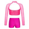 Girls Shiny Sequins Crop Top Sheer Mesh Mock Neck Long Sleeve Cutout V Waistband Shorts Dance Outfit