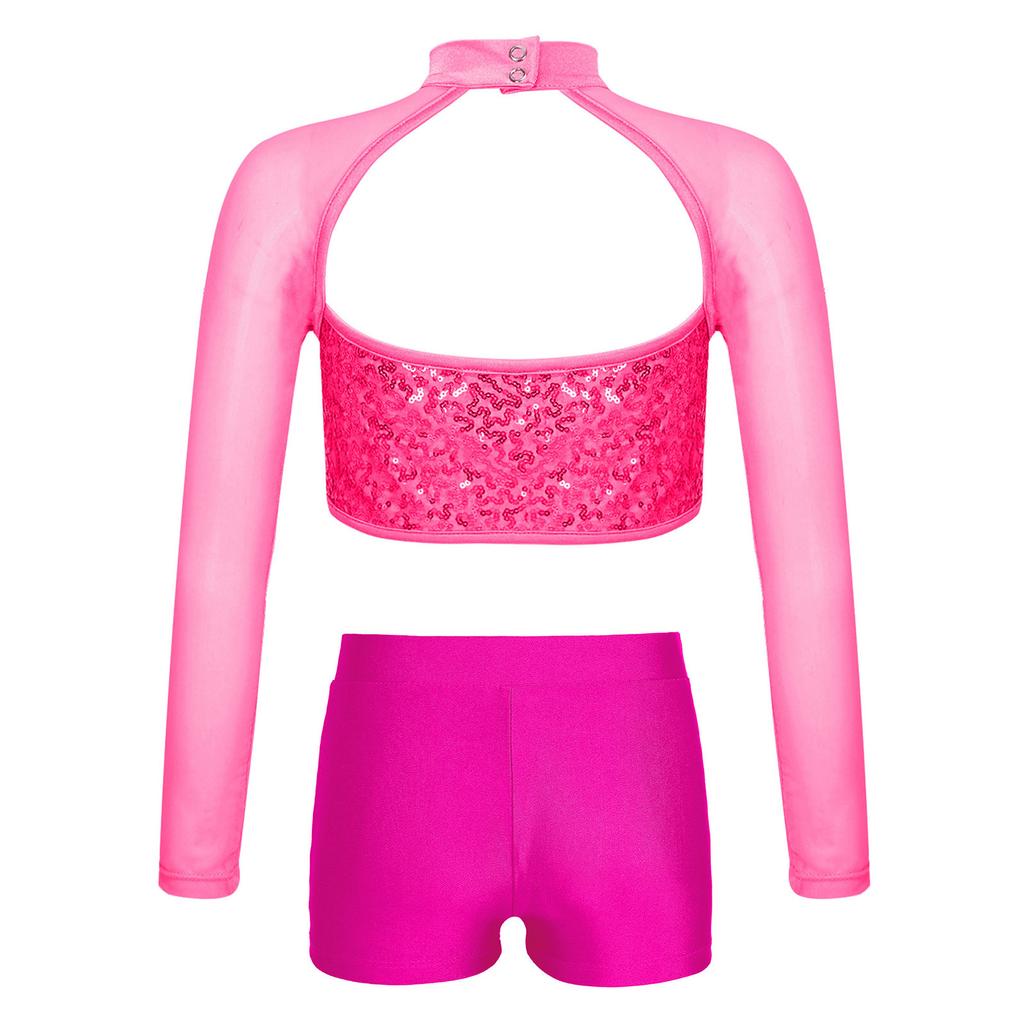 Girls Shiny Sequins Crop Top Sheer Mesh Mock Neck Long Sleeve Cutout V Waistband Shorts Dance Outfit