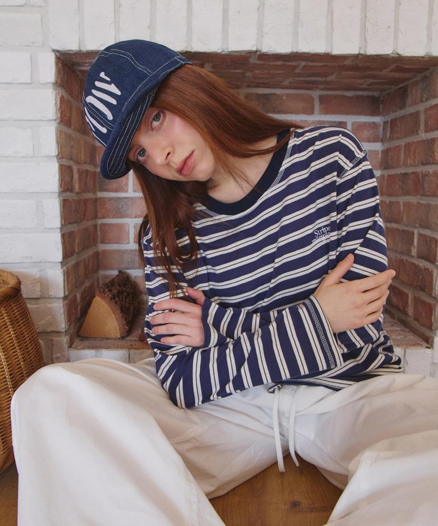 Seuteulaipeumagalin Buff Stripe Overlock Loose Long Sleeve Tee Navy