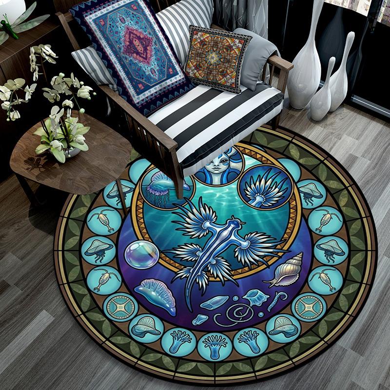Aquatic Life Mandala Round Area Rug Under Office Chairs Bedroom Living Room Home Decor