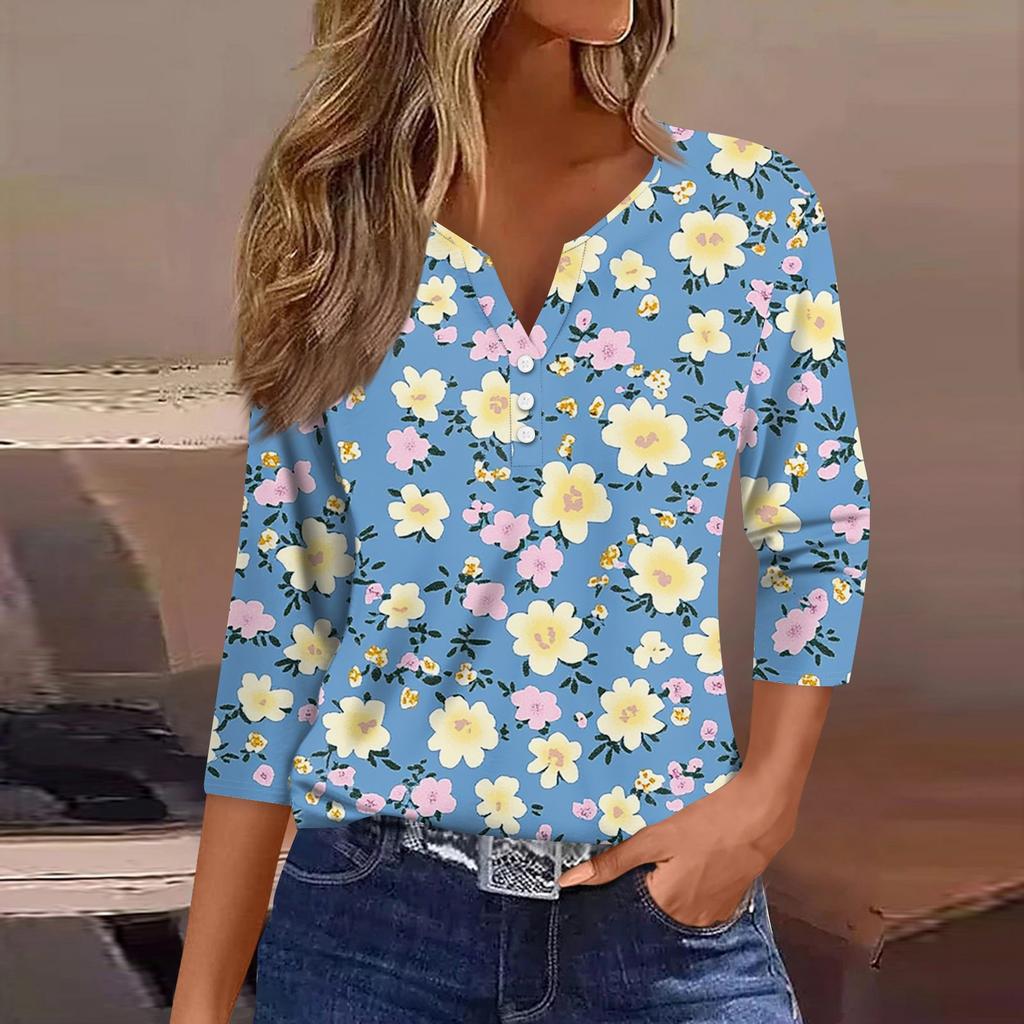 Women's T Shirt Tee Print Button 3/4 Sleeve Daily Weekend Fashion Basic V Neck Regular Top
