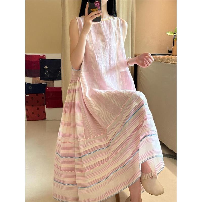 

Awesome X Goods Burst! Pink Cotton and Linen Patchwork Sleeveless Dress Fairy Fluttering Unique Chic and Beautiful Dress Pink Patchwork Dress S