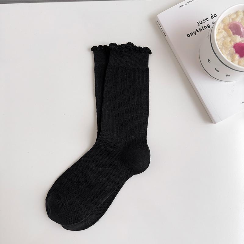 Solid Color Mesh Hollow Socks With Fungus Edge, Women'S Mid-Tube Socks, Trendy Cotton Socks, Summer Thin Ballet-Style Stockings