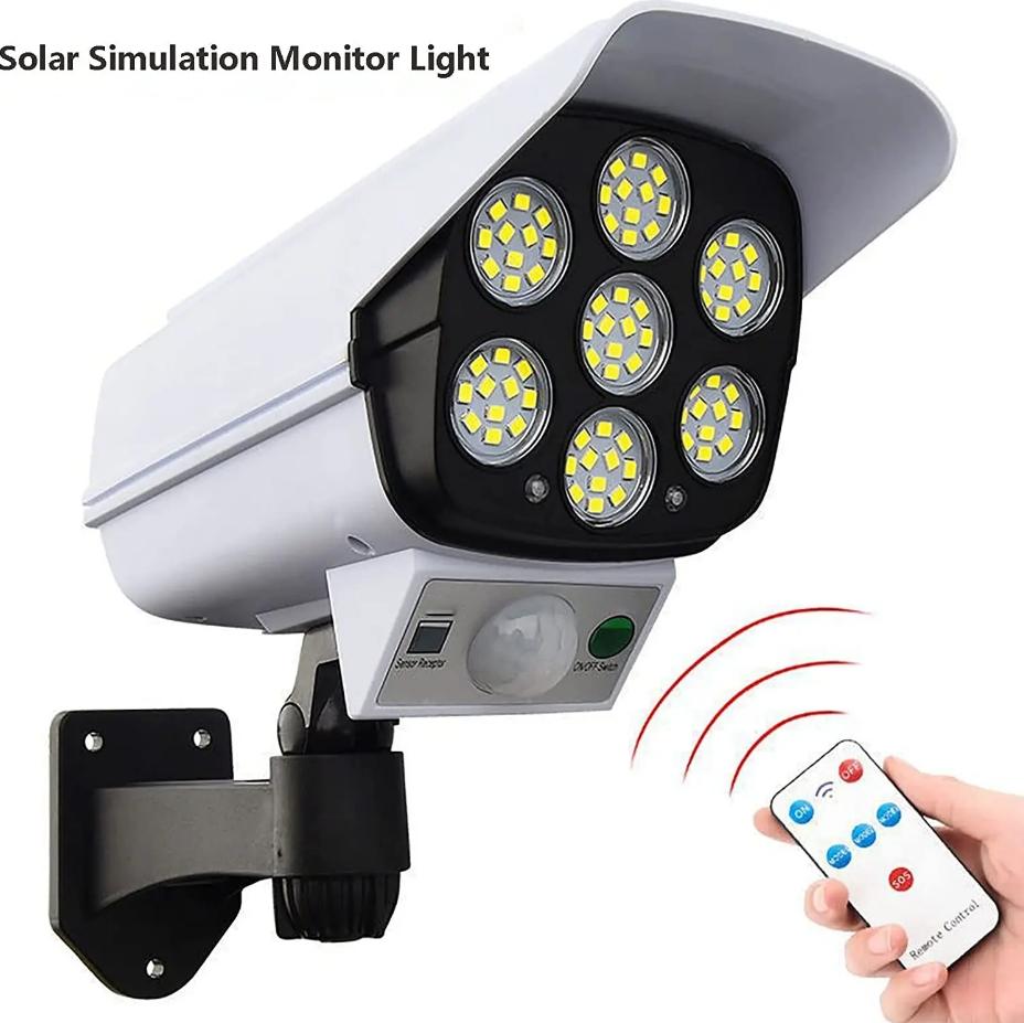 3 Modes Multi-angle Lighting Remote Control Solar Powered Simulation Monitoring Induction Wall Lamp with Red Light Warning