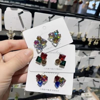 Colorful Rhinestones Stud Earrings for Women Trendy Red Green Purple Round Square Statement Earrings Geometry Pink Jewelry Gift