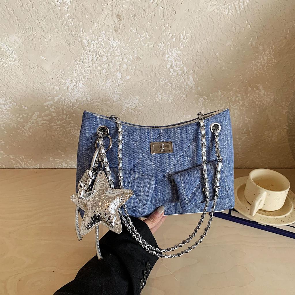 Retro Personalisierte Trendige Denim-Tasche, Kleine Duftige Rauten-Kette, Unterarmtasche, Premium Große Tragetasche, Ausländischer Stil.