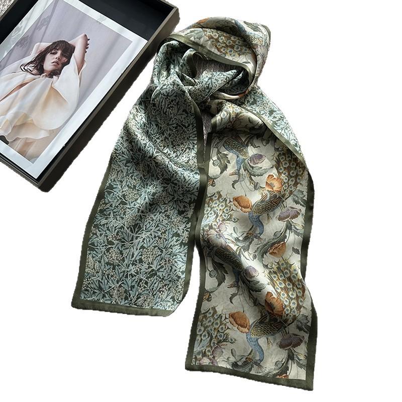 Green retro flower silk silk scarf women's spring new double-sided long 111 mulberry silk silk scarf scarf