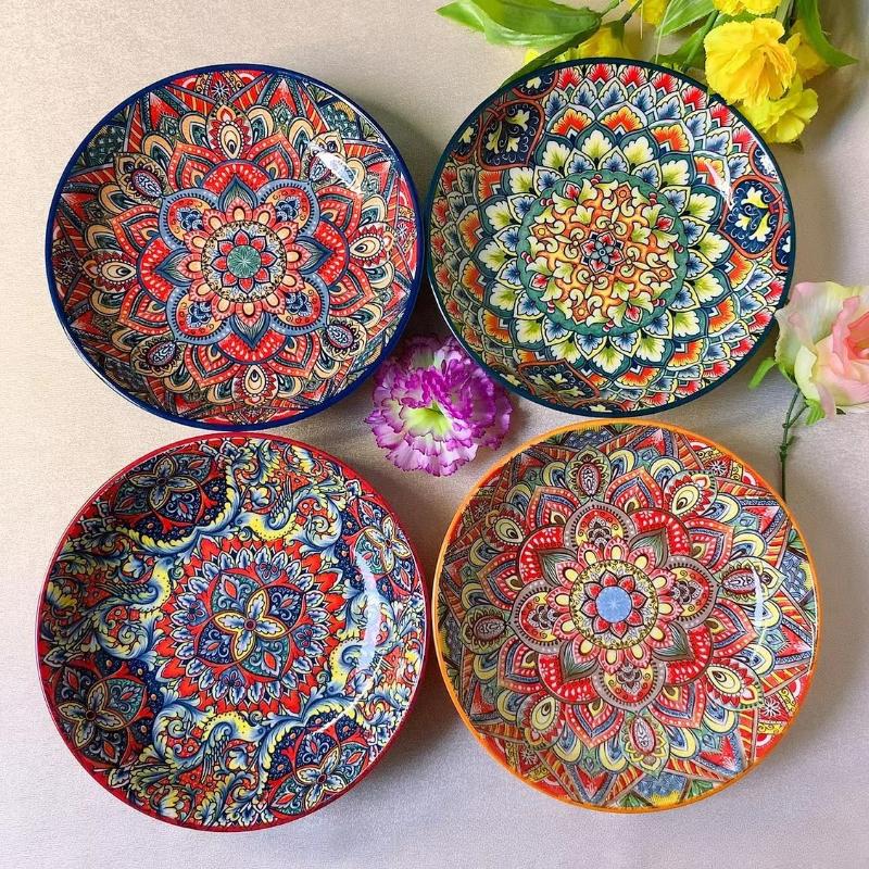 8inch Bohemian Ceramic Western Steak Plate Vintage Dinnerware Set Floral Design Home Restaurant Fruit Plate Bowl Dinner Plate