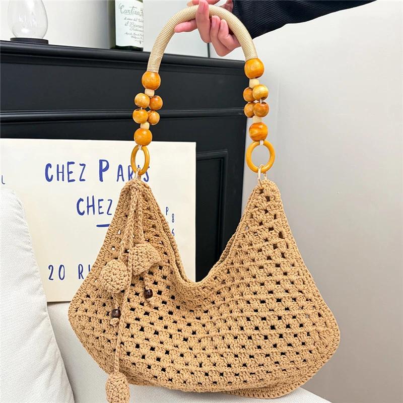 Borsa Tote in Paglia Intrecciata con Manico in Perline di Legno Stile Bohémien Fashi Borsa a Spalla Estiva Vacanza al Mare Borsa all'Uncinetto