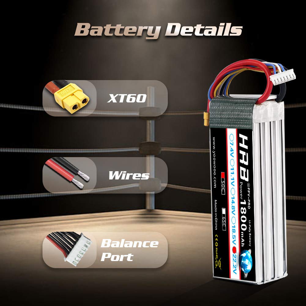 HRB 6S 1800mAh 22.2V 50C XT60 Lipo Battery for RC Airplanes, RC Cars, RC Trucks, Racing Drones, and Multi-Rotors