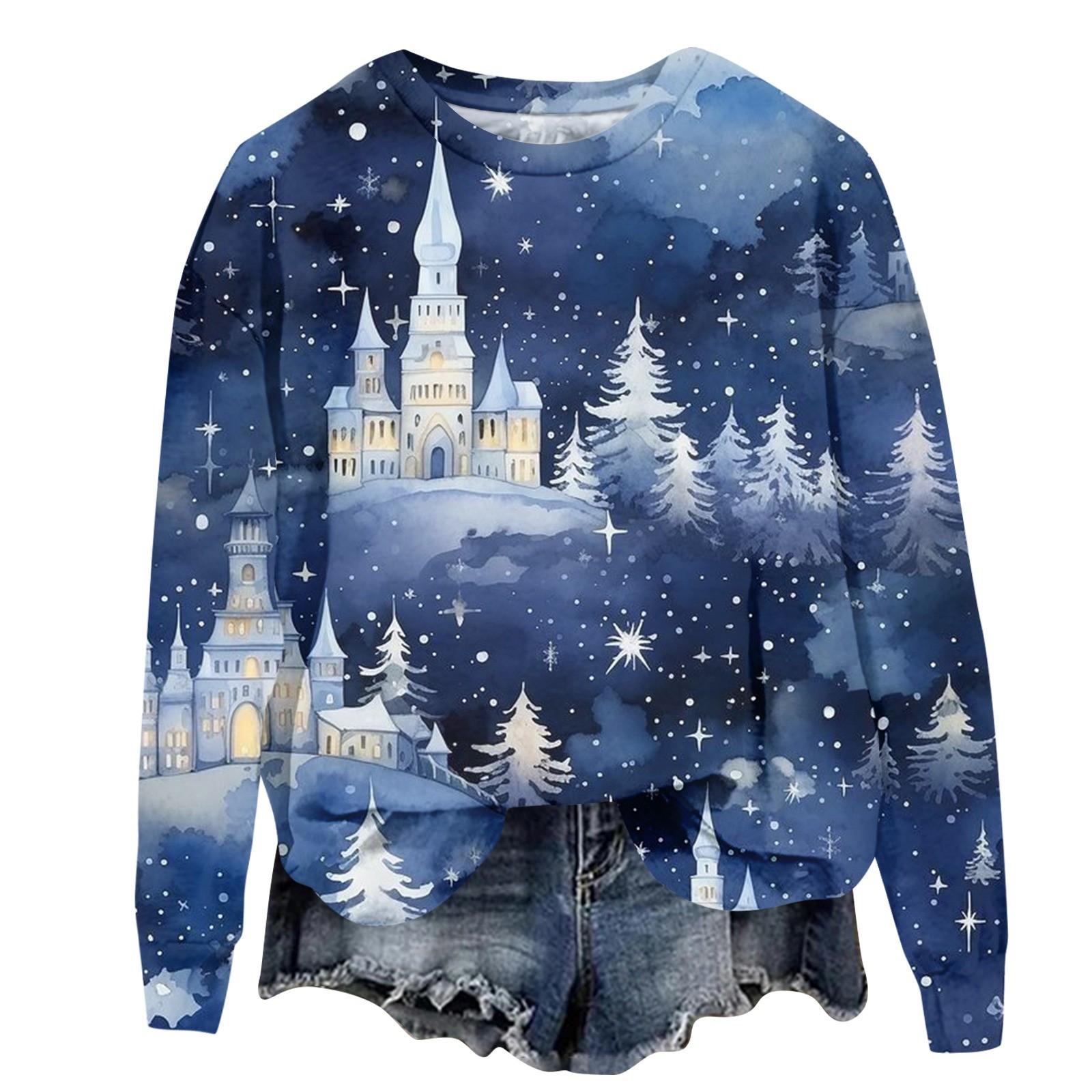 Женская мода ChristmasPrinted с длинным рукавом свободный круглый вырез толстовка Топ XXXL