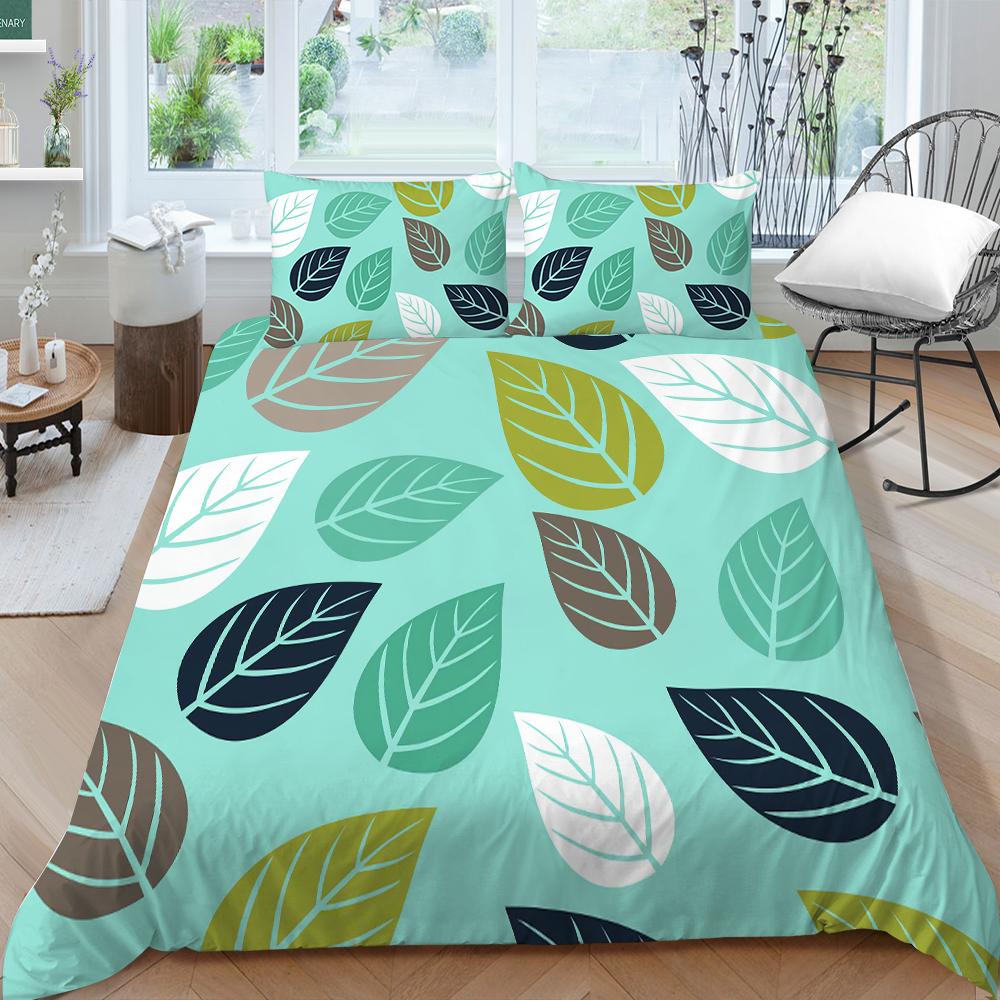 Familiesengetøy Enkelt Dobbeltseng Full Størrelse Plantetrykkserie Sengetøy Bladmønster Putetrekk og Dynetrekk Vaskbart Hjemmedekorasjon