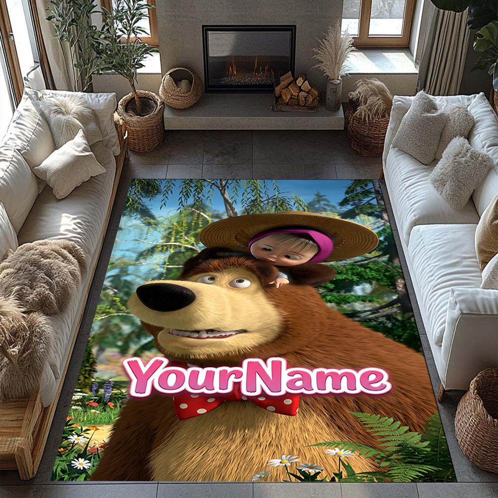 Masha Bear Customize Text Floor Mat Perfect for Dormitory Balcony Game Room Dining Room Anti-slip Rug Anime Office Decor
