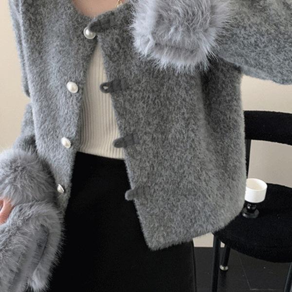 With Fur Collar Small Fragrant Style Imitation Mink Velvet Jacket Women's Autumn and Winter New Loose and Thin Gray Cardigan Top