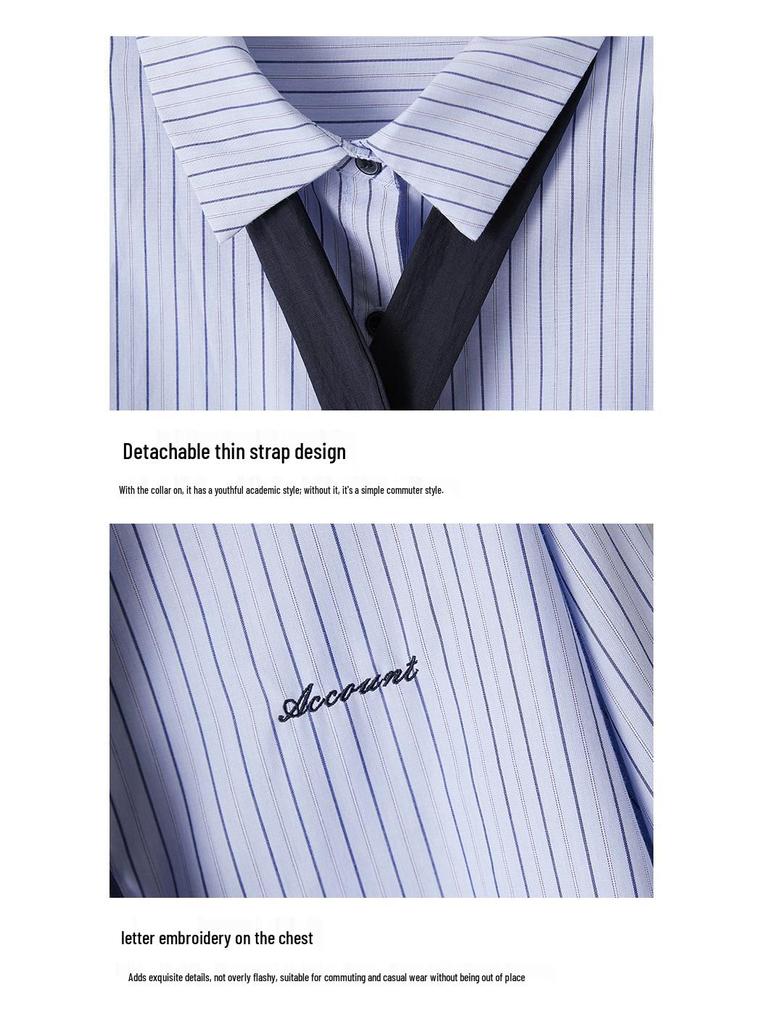 Women's Blue Striped Long Sleeve Shirt: Spring 2026 New Design with Tie Top, Loose and Fashionable.