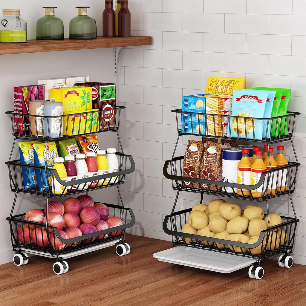 3Tier Rolling Pantry Floor Organizer,Stackable Pantry Storage Cart with Wheels, Metal Wire Pantry Baskets, Kitchen Fruit Basket Stand, Vegetable