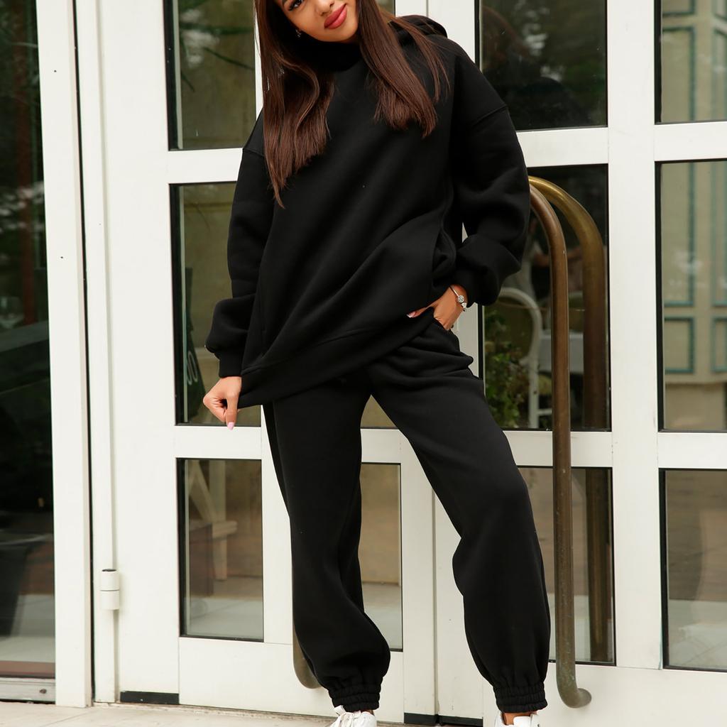 Women's Autumn/Winter Solid Colour Sweatshirt Hooded Fashion Long Sleeve Two Piece Set