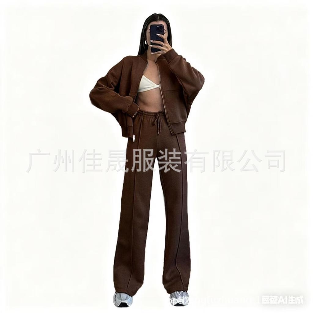 Women Casual Sporty Tracksuit Set Short Sleeve Zip Up Jacket High Waist Wide Leg Pants Loungewear