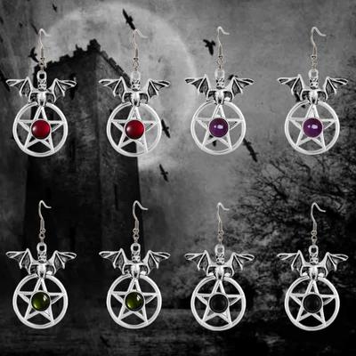Goth Punk Sliver Color Vampire Bat Five-pointed Star Red Crystal Pendant Dangle Earrings for Women Halloween Party Witch Jewelry