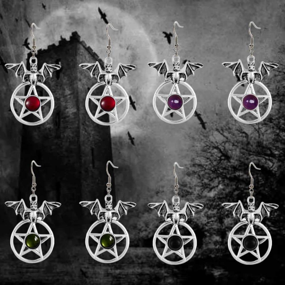 Goth Punk Sliver Color Vampire Bat Five-pointed Star Red Crystal Pendant Dangle Earrings for Women Halloween Party Witch Jewelry
