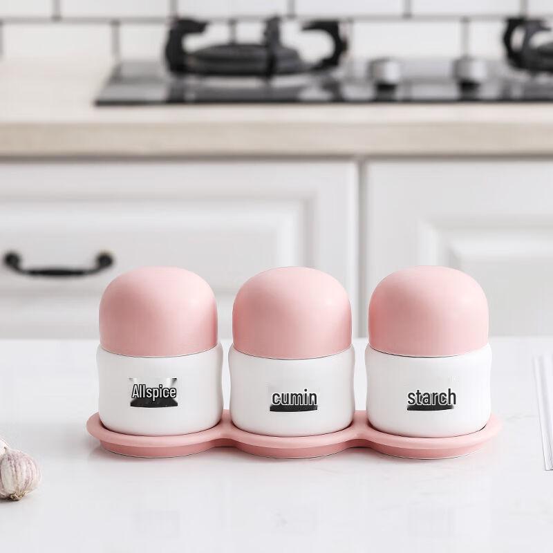 CH Ceramic Condiment Jar Set (3 Jars, Pink Caps)