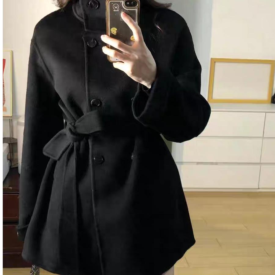 Abrigo de Lana Negro para Mujer - Principios de Invierno 2025, Petita, Elegante, Engrosado, Diseño Coreano