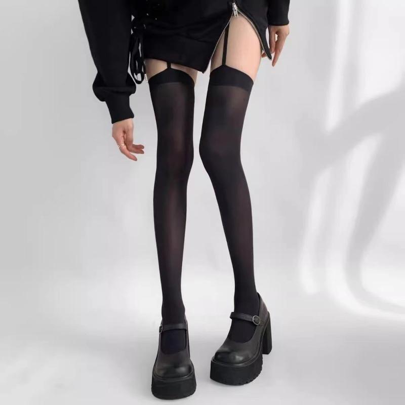 Women Suspender Wide-banded Velvet Tights Lolita Thin Thigh High Stockings with Garters College Style Over The Knee Socks