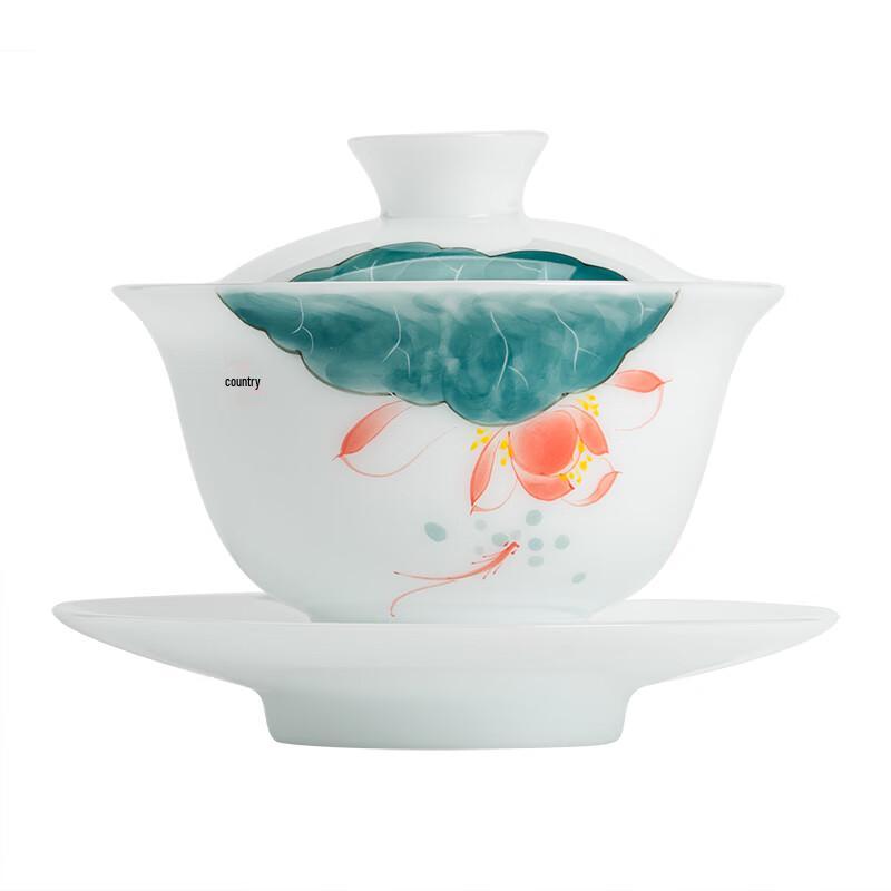 Hand-Painted White Porcelain Sancai Gaiwan Tea Bowl with Fish & Lotus