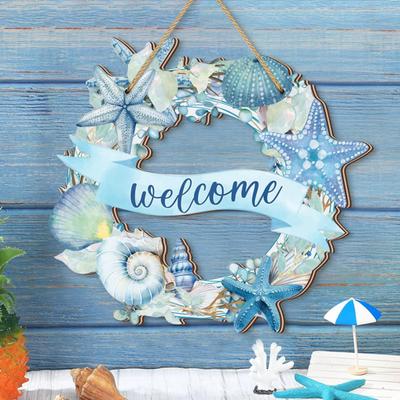 Door Sign Watercolor Starfish Seashells Design Wooden Beach Decor with Hanging Rope Waterproof Outdoor
