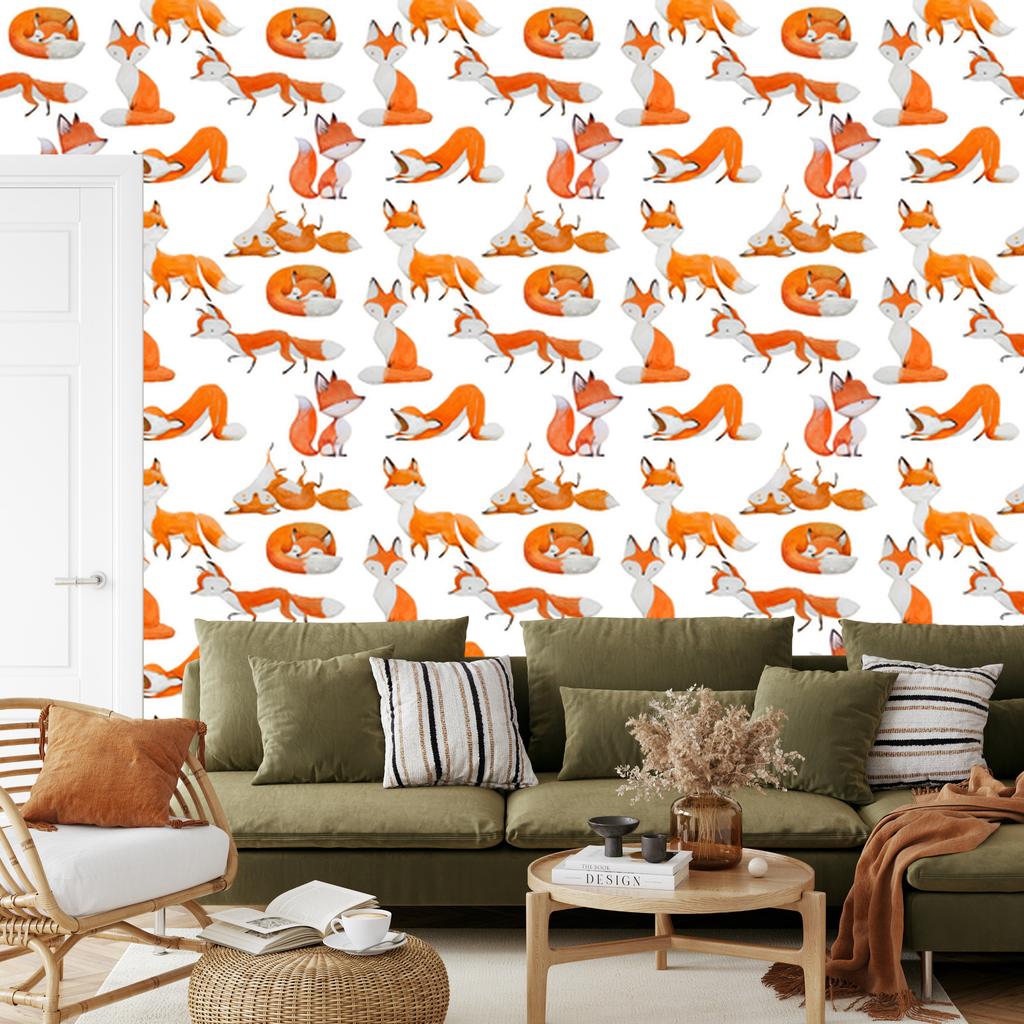 Foxes wallpaper in watercolor style for living room and bedroom 50x1000