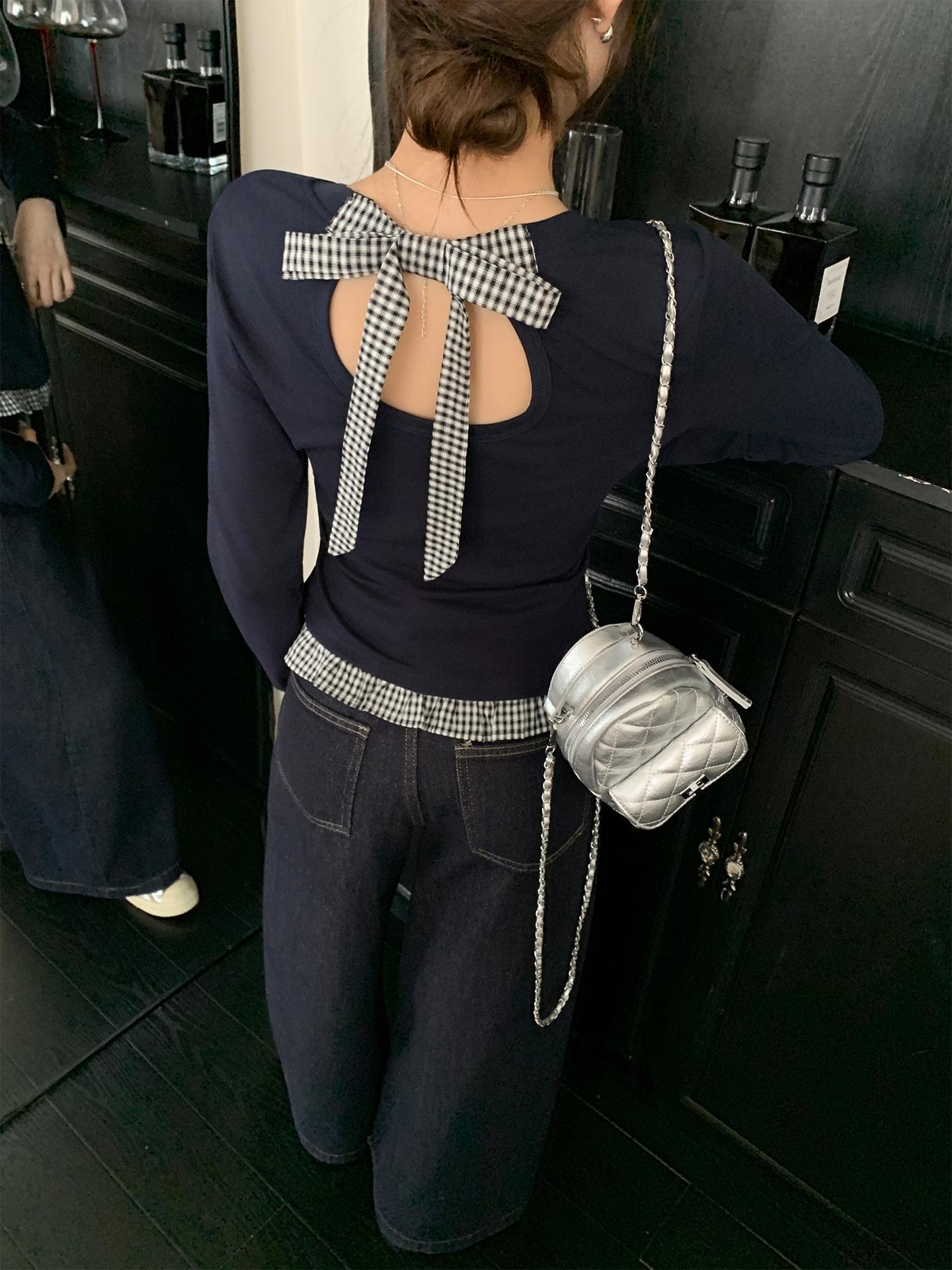 

navy blue bow plaid splicing hem long-sleeved T-shirt women s early autumn pleated hollow bottoming shirt top S темно-синий