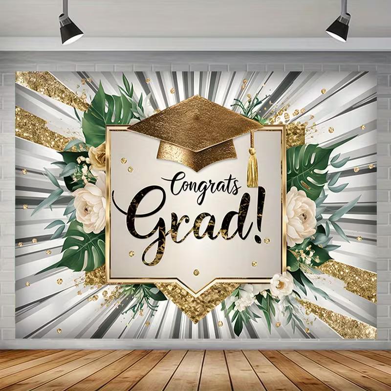 Elegant Gold Glitter Grad Backdrop, 150x130cm Greenery White Roses Grad Cap Tapestry for Grad Party Decor