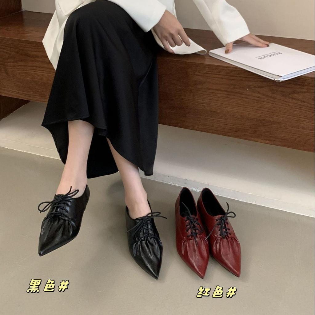 2025 New Pointed Deep Mouth Pleated Short Thick Heel Thin Commuter Work Women's Shoes