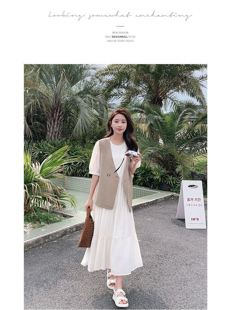 Elegant Summer 2026 White Pleated Retro Vest & Dress Set for Women